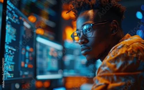 A young Black man wearing glasses is working remotely at a computer. He is intently focused on the screen in a dimly lit room