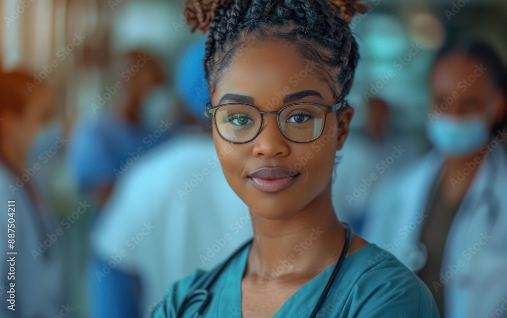 A young Black nursing student with braids smiles at the camera, wearing a blue scrub top and stethoscope, standing with her medical team in the background A young Black nursing student with braids smiles at the camera, wearing a blue scrub top and stethoscope, standing with her medical team in the background