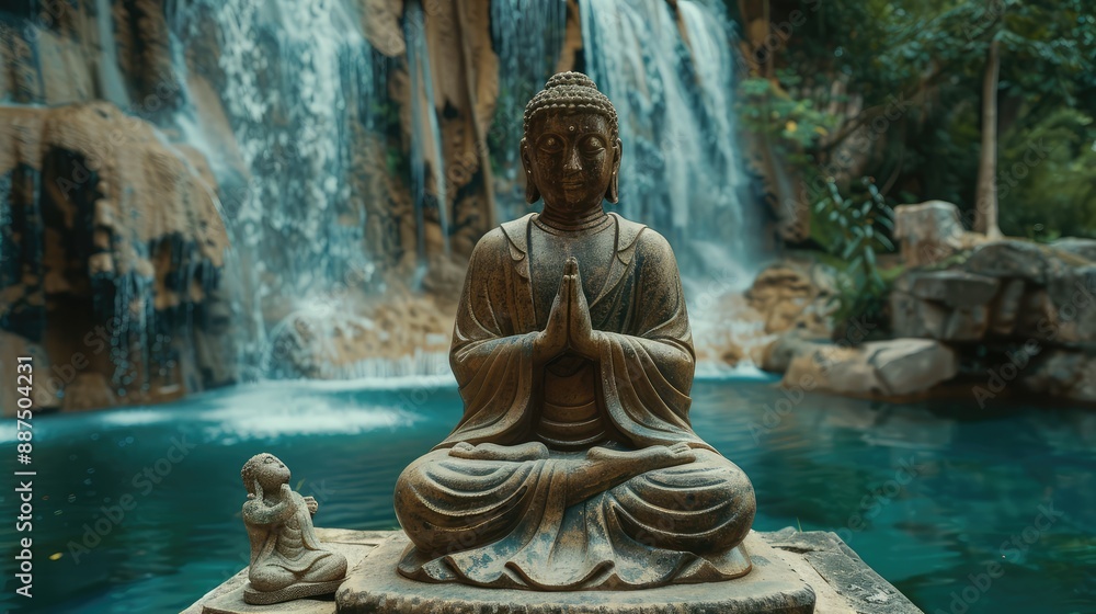 Buddha statue in front of a waterfall with a smaller statue in front of it Buddha statue in front of a waterfall with a smaller statue in front of it