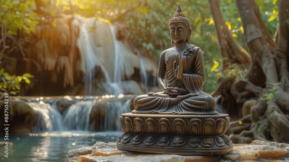 Buddha statue in a serene forest setting with a waterfall in the background Buddha statue in a serene forest setting with a waterfall in the background