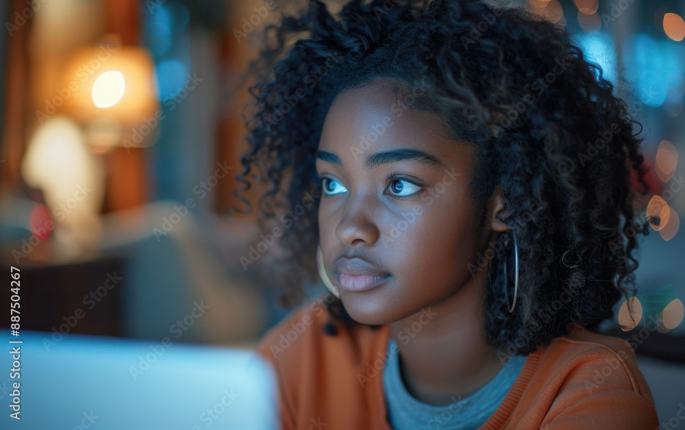 A young Black student works on her laptop in a dimly lit room, her focus on the screen while soft lights glow in the background A young Black student works on her laptop in a dimly lit room, her focus on the screen while soft lights glow in the background