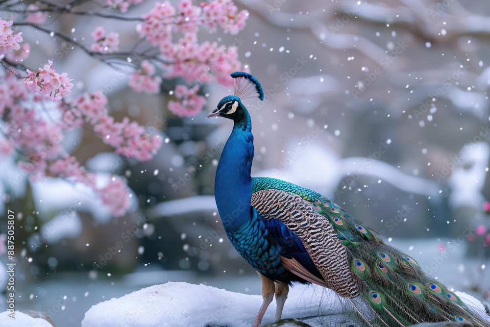 Fototapeta premium Green peacock and pink flowers