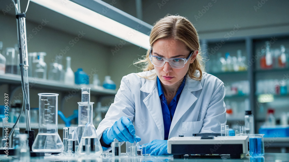 Female scientist working in the lab laboratory equipment This includes glass tubes. Female scientist working in the lab laboratory equipment This includes glass tubes.