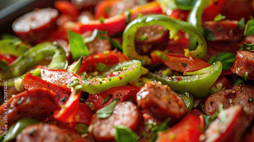 Sliced green peppers with smoked sausage Sliced green peppers with smoked sausage