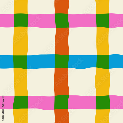 Seamless abstract pattern of multi-colored curved checkered lines on a light background, hand drawn illustration