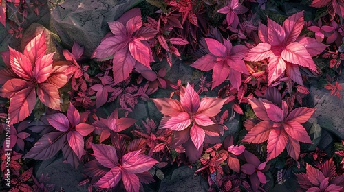  A close-up of pink flowers on a bed of green and purple leaves against a rock wall background