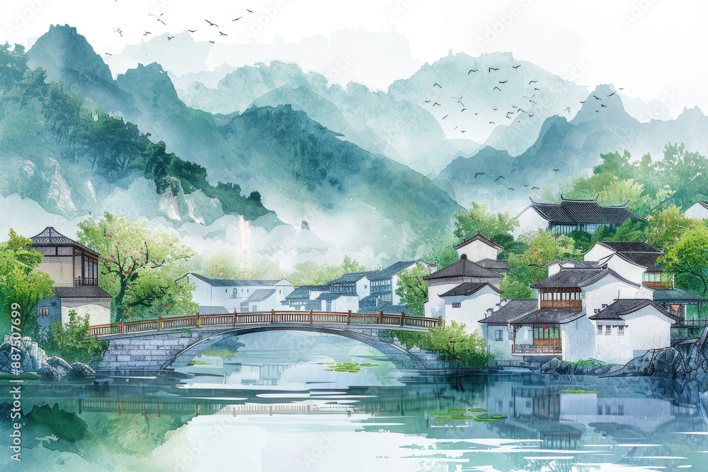 Fototapeta premium Mountain ancient town, white walls, ancient river bridge, Chinese painting