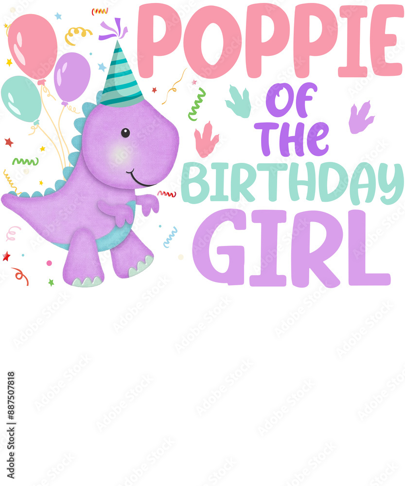 A cute purple dinosaur wearing a party hat with the text A cute purple dinosaur wearing a party hat with the text