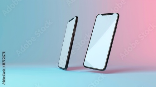 3D render of two pairs of straight floating black smartphones with white screens Mobile mockup on a blue gradient isolated background