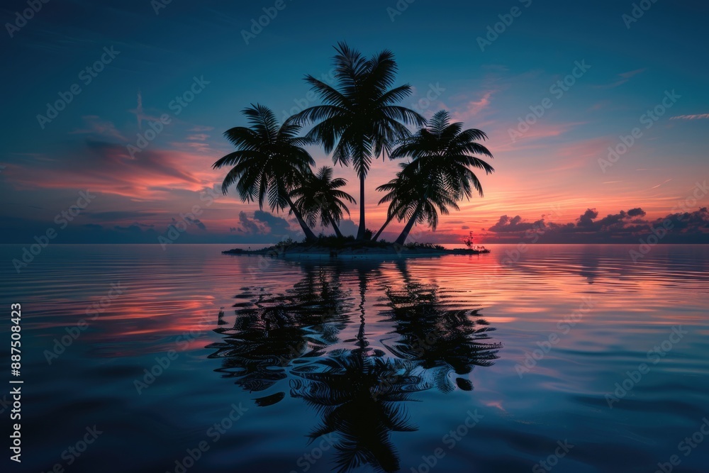 A pair of palm trees sit atop the calm surface of a lake or river, surrounded by greenery A pair of palm trees sit atop the calm surface of a lake or river, surrounded by greenery