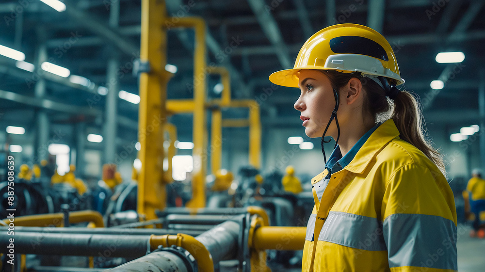 Beautiful female engineer wearing a yellow hard hat and safety vest She smiled and stood in front of many industrial pipes and complicated machines. Beautiful female engineer wearing a yellow hard hat and safety vest She smiled and stood in front of many industrial pipes and complicated machines.