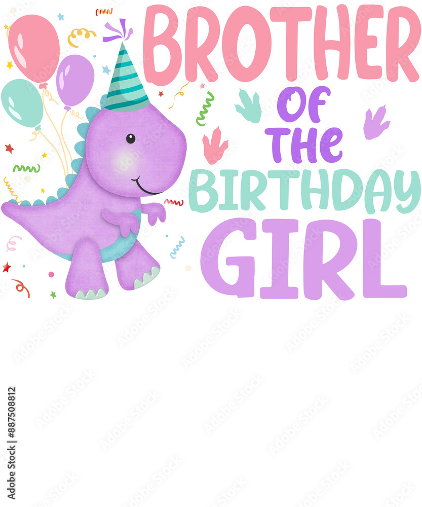 Cute purple dinosaur wearing a party hat with balloons and confetti, celebrating a birthday with the text Cute purple dinosaur wearing a party hat with balloons and confetti, celebrating a birthday with the text