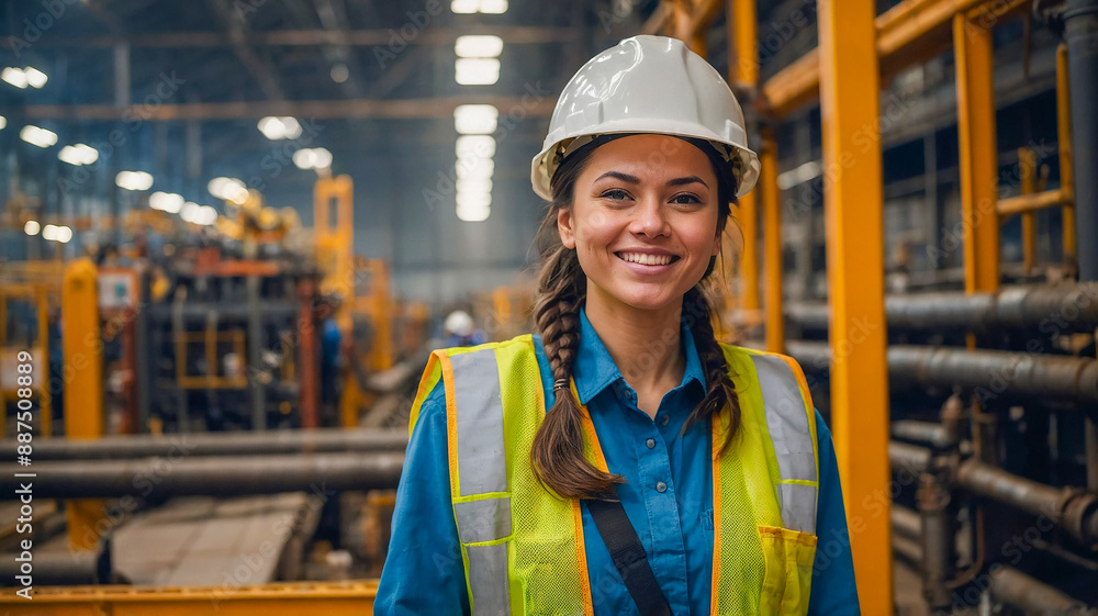 Beautiful female engineer wearing a yellow hard hat and safety vest She smiled and stood in front of many industrial pipes and complicated machines. Beautiful female engineer wearing a yellow hard hat and safety vest She smiled and stood in front of many industrial pipes and complicated machines.