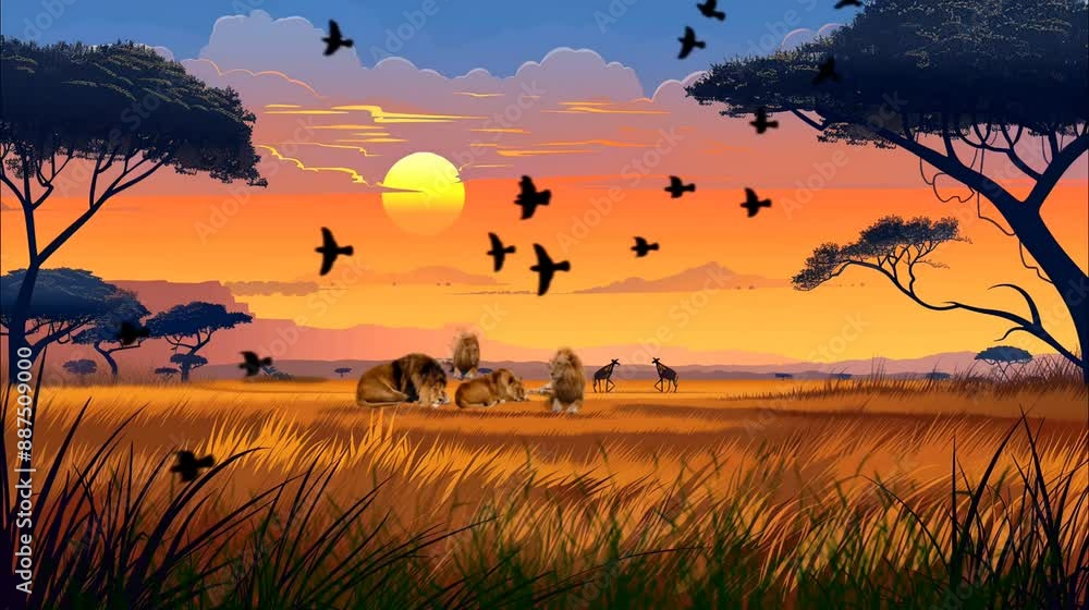 Lions resting in African savannah with acacia trees and sunset. Seamless loop video background