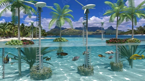  A digital depiction of a lush island with swaying palms, aquatic life thriving, and a climbable path to its peak photo