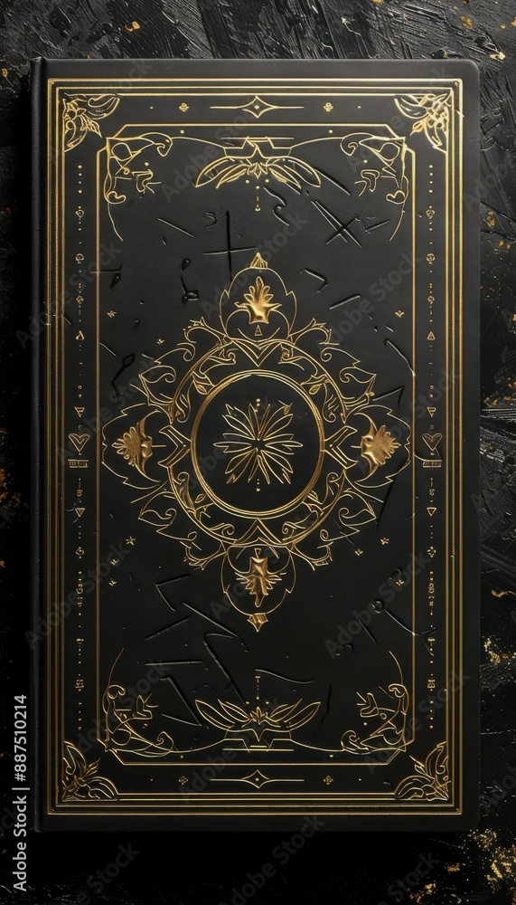 An illustration of two black tarot cards with gold foil borders, showcasing bold line blank frame backdrops. The gold foil lines are intricately detailed, adding a touch of sophistication and