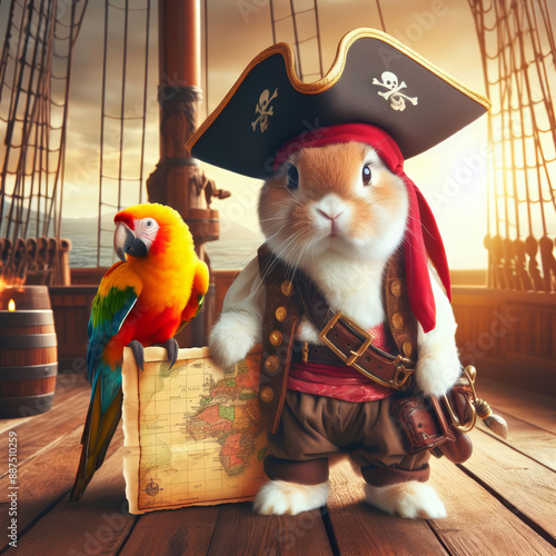 A rabbit as a pirate captain, standing on the deck of a ship, with a parrot on its shoulder and a treasure map in hand.2 animal, baking, baking cup, banana, bird, black, brown, building, cake, carnivo photo