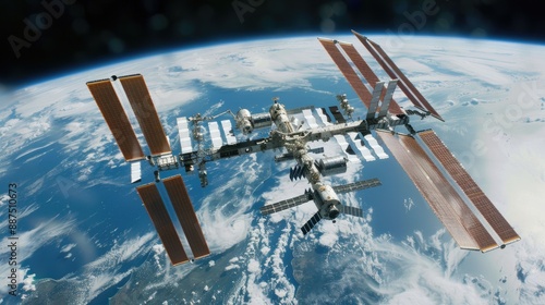Fototapeta Naklejka Na Ścianę i Meble -  International Space Station orbiting the Earth, representing human presence and collaboration in space