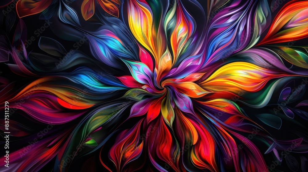 A vibrant and colorful abstract digital painting of an intricate floral pattern, with swirling colors that create the appearance of petals in motion. A vibrant and colorful abstract digital painting of an intricate floral pattern, with swirling colors that create the appearance of petals in motion.
