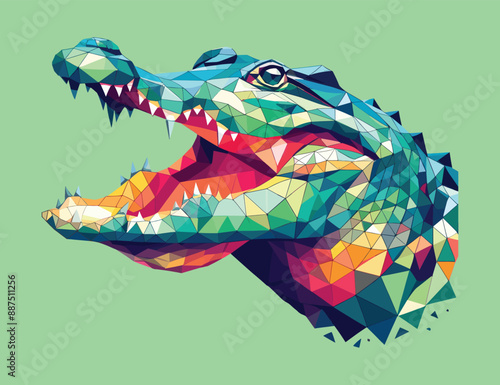 Low polygon of crocodile isolated on light green background, vector illustration, amphibian animal theme