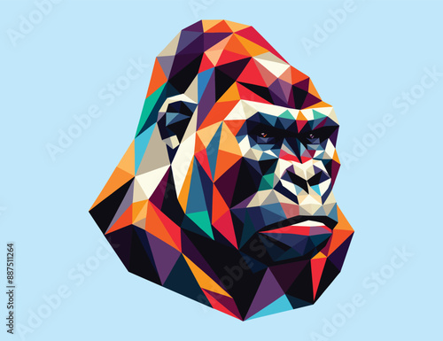Low polygon of cross river gorilla isolated on light blue background, vector illustration, wild animal theme