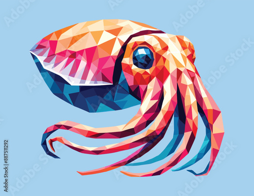 Low polygon of cuttlefish squid isolated on light blue background, vector illustration, sea animal theme