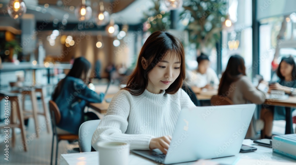 Remote worker in a stylish urban cafa focused on a laptop Remote worker in a stylish urban cafa focused on a laptop