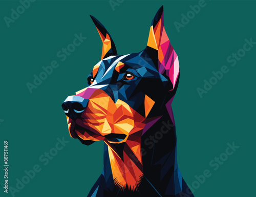 Low polygon of doberman pinscher dog isolated on green background, vector illustration, pet theme