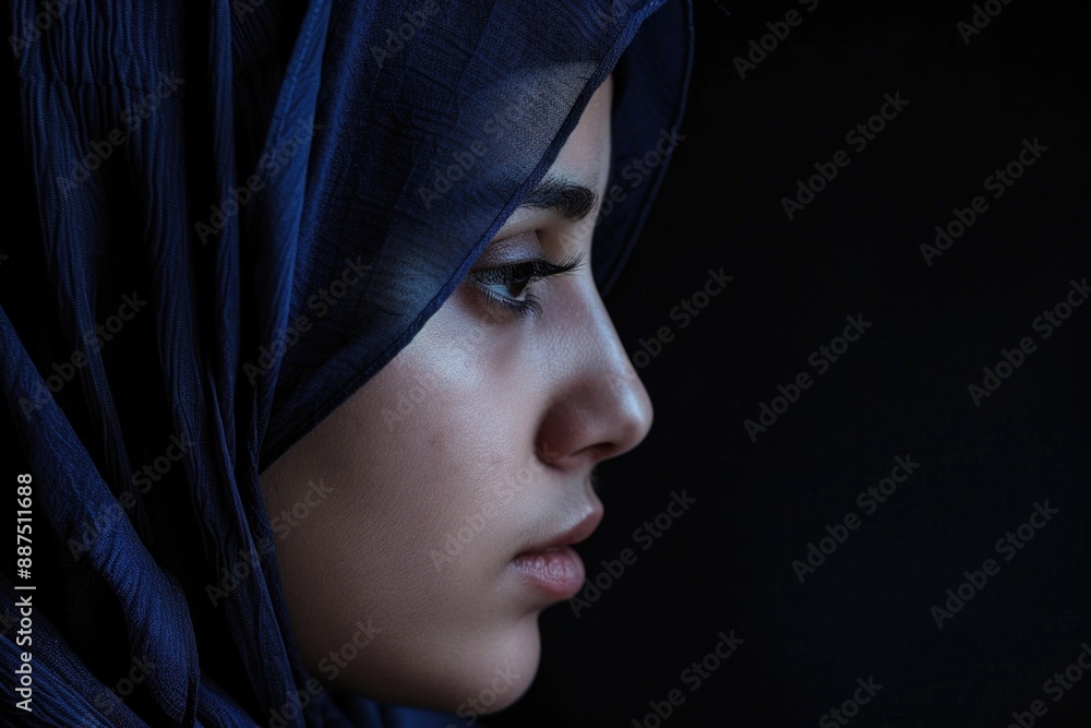 A woman wearing a blue hijab looks away from the camera, with a subtle expression A woman wearing a blue hijab looks away from the camera, with a subtle expression