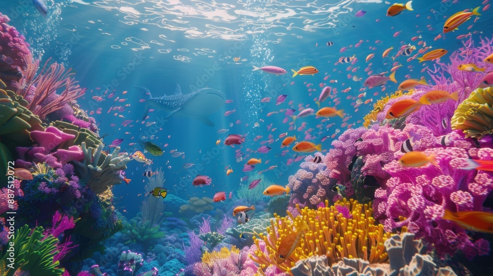 An underwater view of the Great Central swiming in an ocean teeming with colorful coral reefs and diverse marine life, showcasing its unique beauty. An underwater view of the Great Central swiming in an ocean teeming with colorful coral reefs and diverse marine life, showcasing its unique beauty.