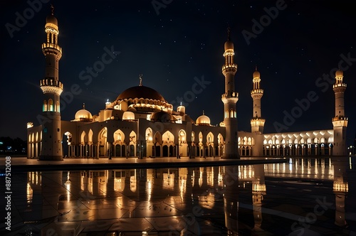 A mosque at night with the lights