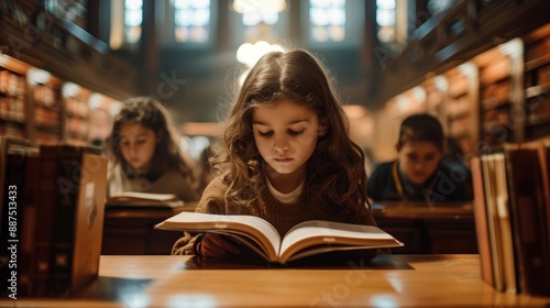 Young girl immersed in a book in a library, surrounded by knowledge and quiet contemplation.