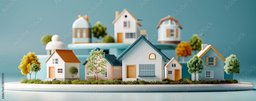 3D illustration of a small town with modern houses, minimalist style, showing community growth 3D illustration of a small town with modern houses, minimalist style, showing community growth