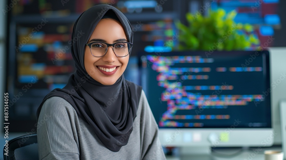 Creative Hijab Wearing Female Game Developer in Casual T-Shirt Smiling at Camera with Computer Screen Showing Game Code and Graphics Reflecting Innovation and Passion in Tech Industry Creative Hijab Wearing Female Game Developer in Casual T-Shirt Smiling at Camera with Computer Screen Showing Game Code and Graphics Reflecting Innovation and Passion in Tech Industry