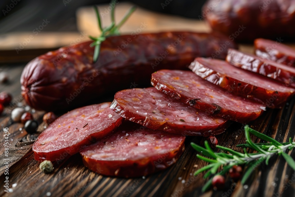 Freshly sliced sausages arranged on a cutting board with fragrant rosemary sprigs, perfect for a rustic meal or appetizer Freshly sliced sausages arranged on a cutting board with fragrant rosemary sprigs, perfect for a rustic meal or appetizer