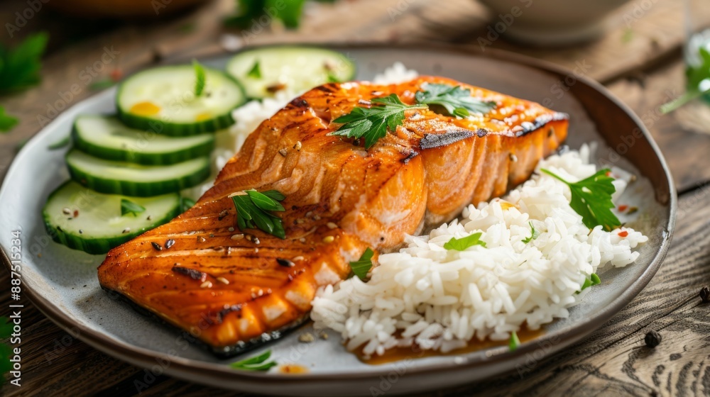 Grilled salmon fillet served with steamed white rice and fresh cucumber slices on a wooden surface Grilled salmon fillet served with steamed white rice and fresh cucumber slices on a wooden surface