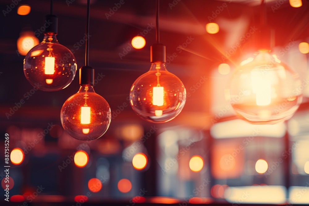 Warm and cozy setting with hanging lights and bokeh creating an intimate and inviting atmosphere Warm and cozy setting with hanging lights and bokeh creating an intimate and inviting atmosphere