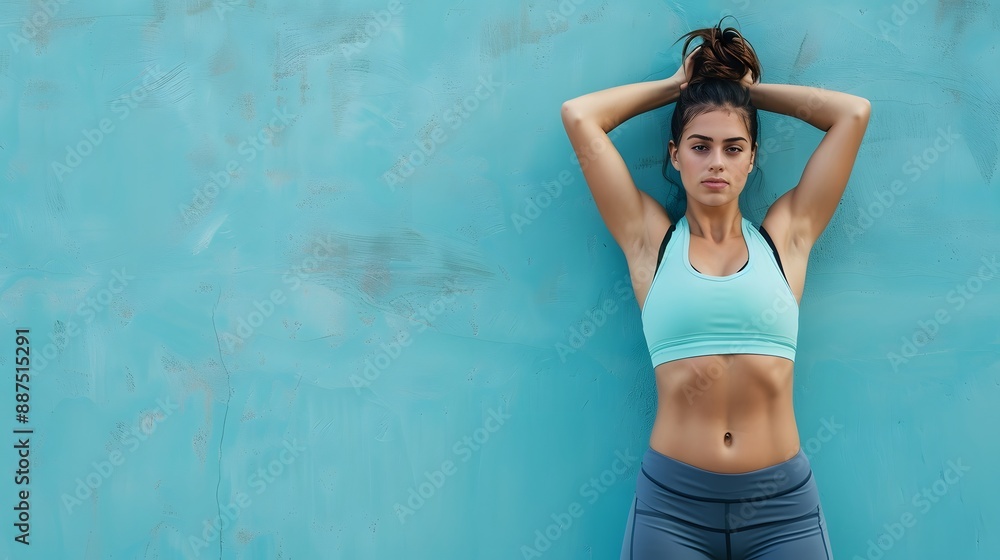 Obraz premium Woman in sports clothing doing exercise in front of blue wall. 