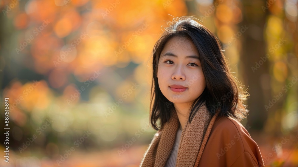 Asian woman with a serene expression in a fall forest. Concept of autumn, nature, outdoor portrait, calmness. Copy space Asian woman with a serene expression in a fall forest. Concept of autumn, nature, outdoor portrait, calmness. Copy space