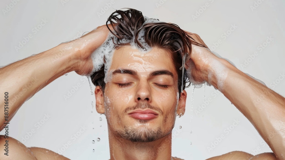 Handsome young man massaging his scalp as he applies shampoo to his wet hair with eyes closed, isolated on white background Handsome young man massaging his scalp as he applies shampoo to his wet hair with eyes closed, isolated on white background