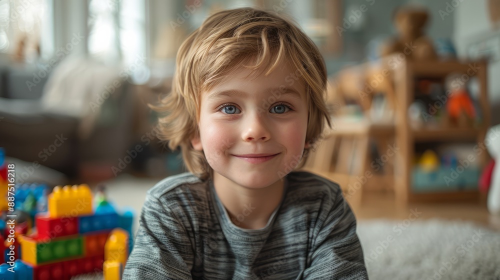Playful smiling child sitting on floor on blurred background of toy room Playful smiling child sitting on floor on blurred background of toy room