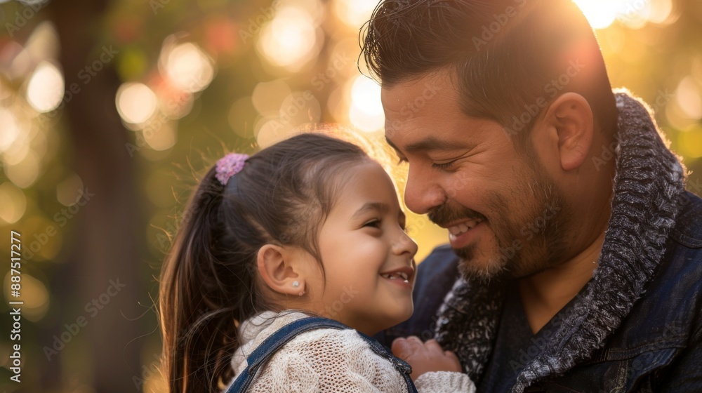 Obraz premium In the park a Hispanic father lovingly embraces his young daughter as they share a heartwarming moment outdoors gazing into each other s eyes with bright smiles