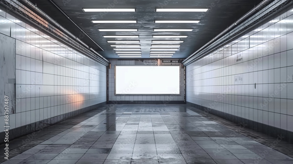Mockup of horizontal blank advertising banners or posters in an underground tunnel walkway Mockup of horizontal blank advertising banners or posters in an underground tunnel walkway