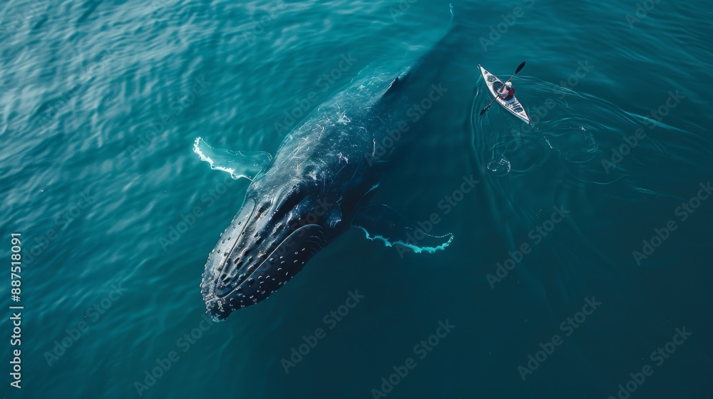 Fototapeta premium Kayaker encounters a humpback whale in serene ocean waters