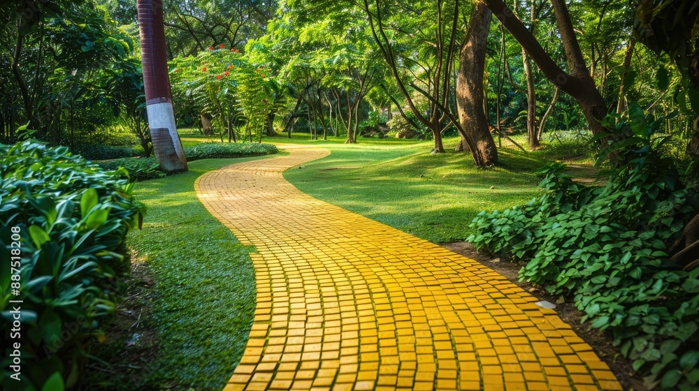 Obraz premium Circular yellow brick path in a serene park, ideal for whimsical and fantasy designs