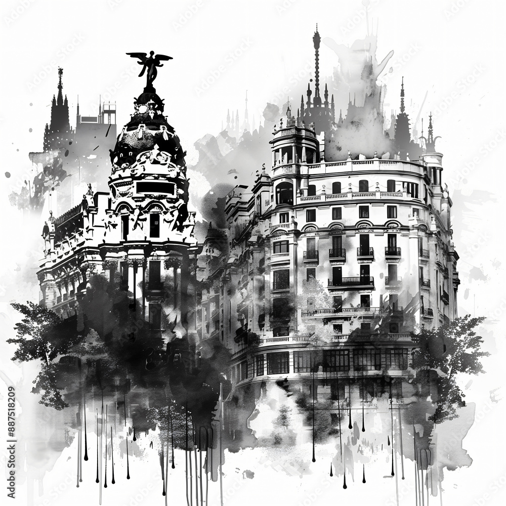 Obraz premium Artistic black and white watercolor splash illustration of madrid skyline with famous buildings and landmarks