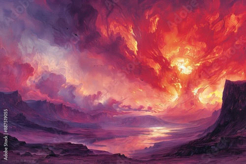 Vibrant digital painting of a fiery sunset over dramatic mountains capturing intense beauty