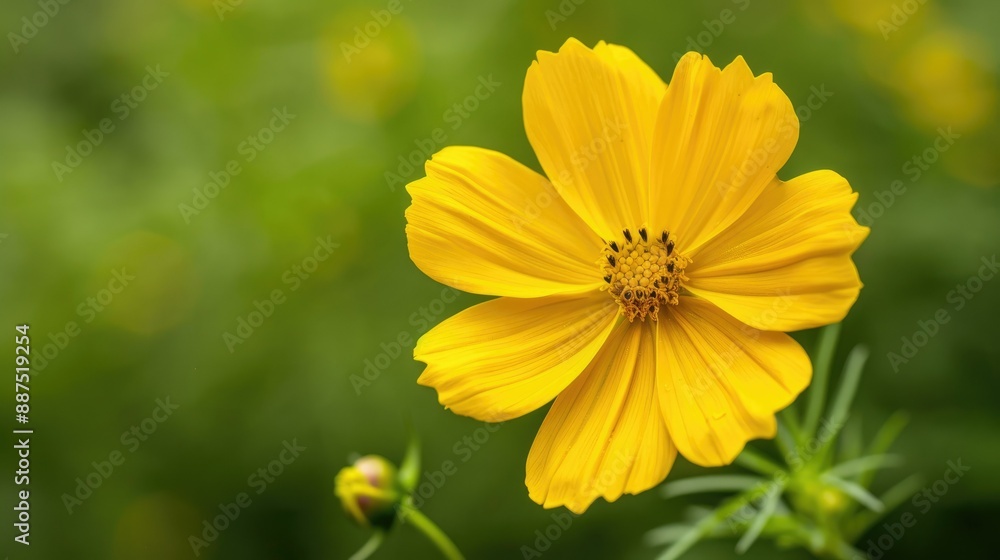 Closeup of yellow Cosmos flower with a sunlit green background, perfect for nature and landscape themes Closeup of yellow Cosmos flower with a sunlit green background, perfect for nature and landscape themes