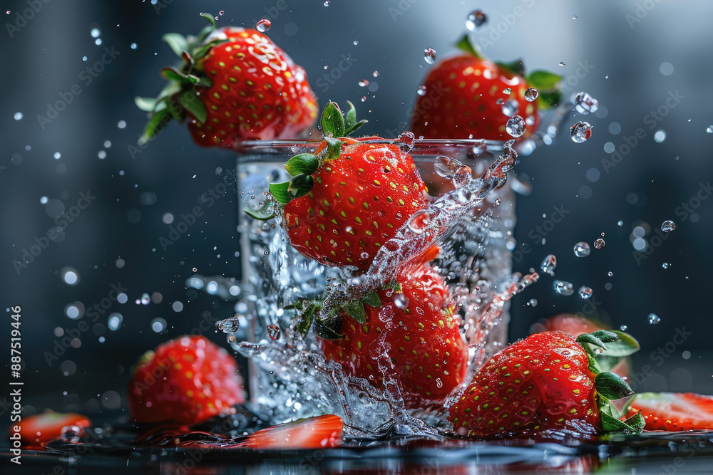 Red strawberries fall into the glass Red strawberries fall into the glass