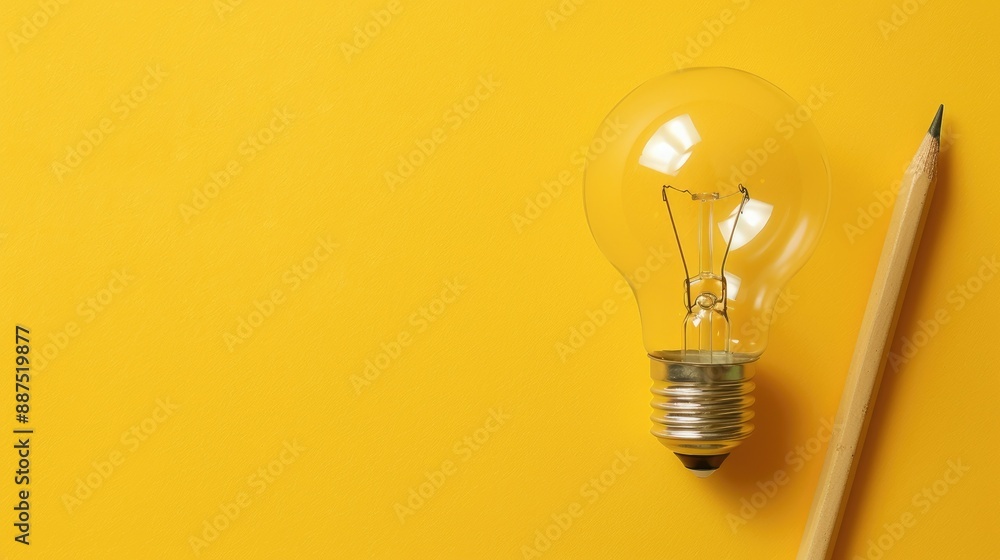 Creative business ideas: lightbulb and pencil on yellow background, representing motivation and inspiration Creative business ideas: lightbulb and pencil on yellow background, representing motivation and inspiration